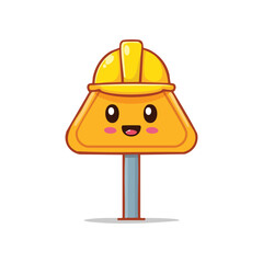 Cute cartoon style illustration of a construction sign with a happy face and a yellow hardhat. A friendly and cheerful mascot with an inviting appearance