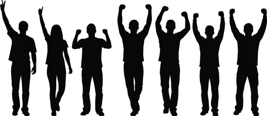 Group of diverse people raising arms in celebration and victory poses silhouette