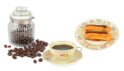 Coffee, Chocolate, and Eclairs on White Background