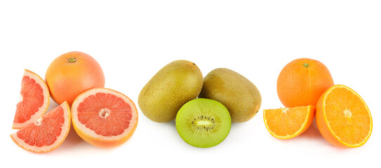 Fresh Grapefruits, Kiwis, and Oranges on White Background