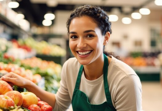 Store clerk arranges fresh produce in a bright supermarket