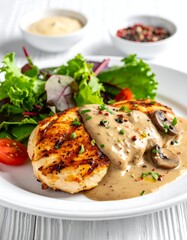 Grilled chicken breasts, mushroom sauce, salad, and condiments