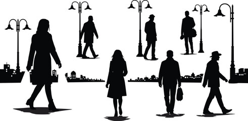 Silhouettes of people walking past streetlights and city buildings vector