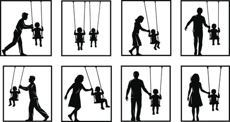 Black silhouette figures of adults and children on swings in various poses family playground