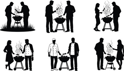 Silhouettes of people grilling food on barbecue grills with smoke rising cooking