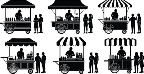 Black silhouette food carts with vendors and customers in various scenes street food