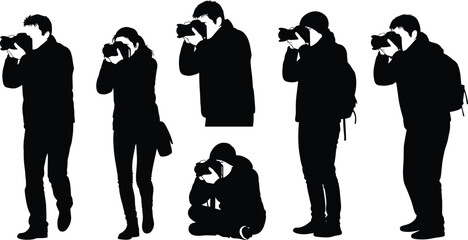 Black silhouettes of people holding and using cameras on white background photographer photography