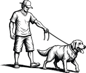 Man in baseball cap walking a golden retriever dog on a leash vector