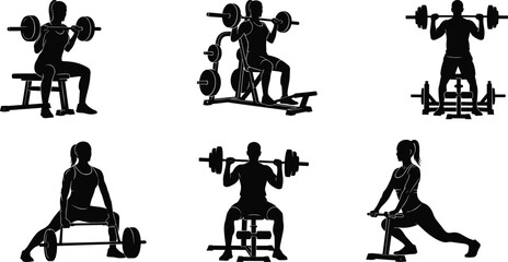 Six black silhouette figures performing weightlifting exercises with barbells and benches fitness
