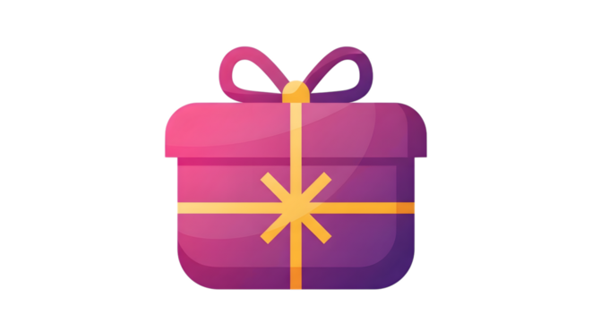 A purple gift box with a yellow ribbon and bow, isolated on transparent background