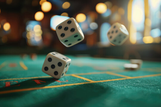 Close-up of rolling dice on vibrant green craps table, emphasizing action and thrill in casino gameplay.