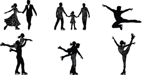 Black silhouettes of ice skaters performing various poses and a family holding hands ice skating
