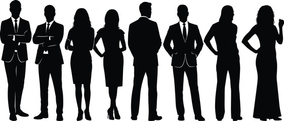 Black silhouettes of diverse business people in formal attire standing in a line women