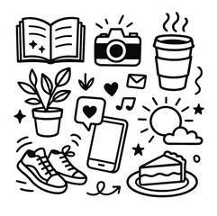 Doodle lifestyle elements vector illustration with book coffee camera and more icons