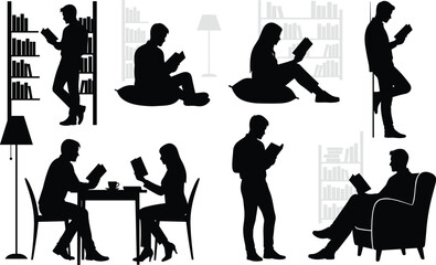 Silhouettes of people reading books in various indoor settings vector