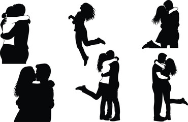 Couple embracing and kissing silhouettes in various poses love embrace