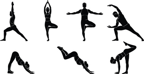 Black silhouettes of men and women performing various yoga poses on white background exercise fitness