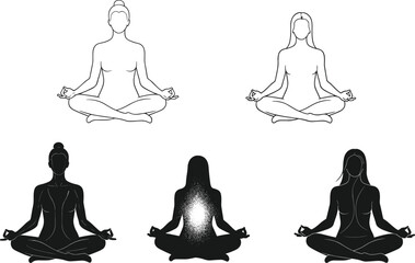 Five female figures meditating in lotus pose line art and silhouette meditation yoga