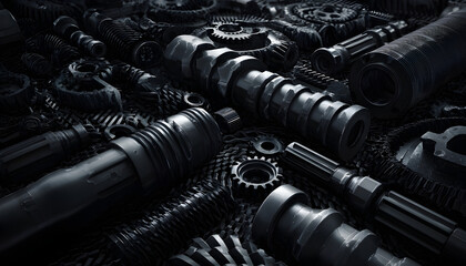 dark industrial 3D render:vehicle parts pattern withcar gears and pipes