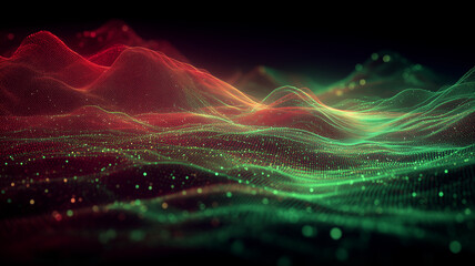 Digital point cloud landscape shaping flowing terrain, visualizing analytics and networks, representing market trends risk mapping and data driven decision making for technology finance