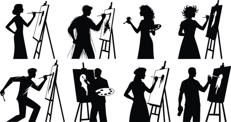 Eight black silhouette artists painting on easels with white canvases vector