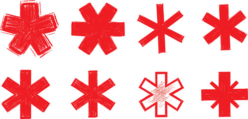 Collection of eight red star of life and asterisk symbols with distressed textures medical