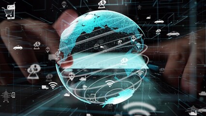 A dynamic representation of global connectivity showcasing a globe surrounded by virtual data streams and communication networks, symbolizing technological advancement. Xenic