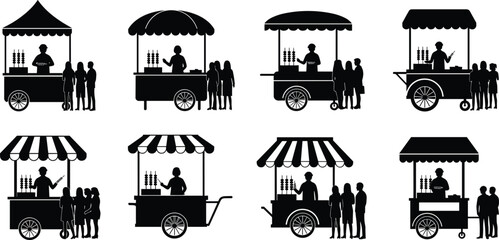 Naklejka premium Black silhouette food carts with vendors and customers in line street food queue