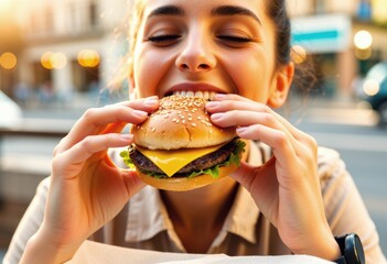 Woman bites into a sesame seed hamburger in a busy street-food scene