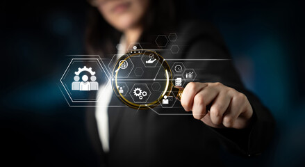 Business management system showing teamwork, productivity, and planning. Management supports goal, management tracks progress, management improves teamwork, and enhances productivity. Latch