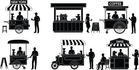 Black silhouettes of coffee carts and people on white background coffee stand street vendor
