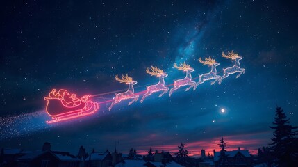 Bright neon Santa sleigh futuristic glowing reindeer flying under aurora Christmas sky