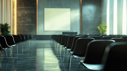Modern Conference Room with Empty Chairs and Blank Presentation Screen