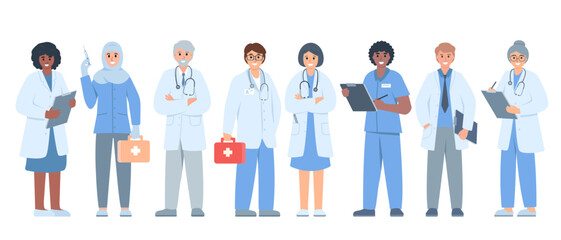 Multicultural group of doctors and nurses in uniform. Male and female hospital or clinic workers of different ages. Medic characters. Vector icons illustration isolated on white background.