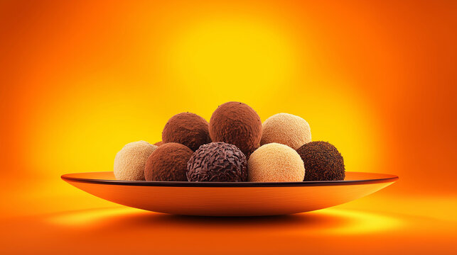 Chocolate Truffles Poster – Assorted chocolate truffles arranged on a glowing plate over orange background, National Chocolate Day, empty bottom space for text, festive poster  - Powered by Adobe