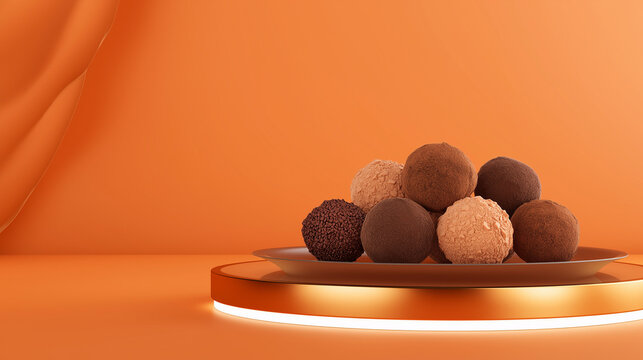 Chocolate Truffles Poster – Assorted chocolate truffles arranged on a glowing plate over orange background, National Chocolate Day, empty bottom space for text, festive poster 