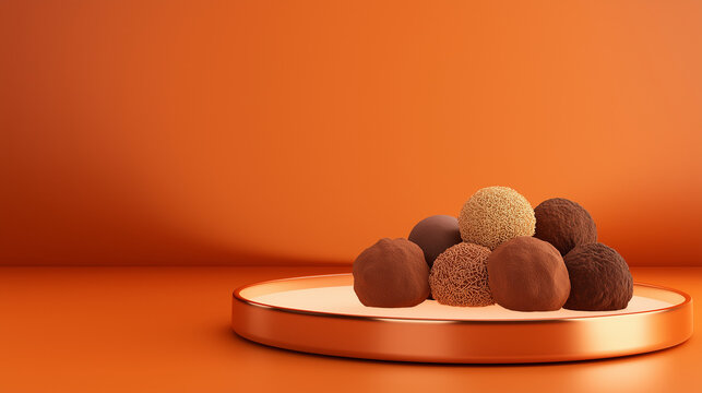 Chocolate Truffles Poster – Assorted chocolate truffles arranged on a glowing plate over orange background, National Chocolate Day, empty bottom space for text, festive poster 