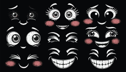 A colorful vector illustration depicts a set of stylized tribal masks and an abstract face design with eyes and a smile, perfect for a tattoo or halloween art symbol