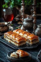Traditional Dessert Pastry with Tea Served on Dark Wooden Table