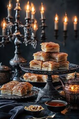 Layered Pastry Dessert on Elegant Stand with Candlelight Background