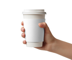 Hand holding a blank white coffee cup with lid and sleeve
