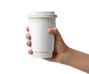 Hand holding a blank white coffee cup with lid and sleeve