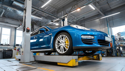 Obraz premium Electric car on hydraulic lift in modern auto repair workshop