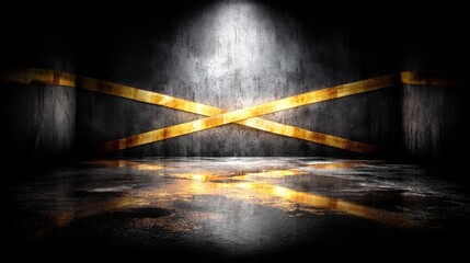 Crime scene with yellow police line. True crime story podcast background banner with copy space. Do not cross tape and dark concrete wall.