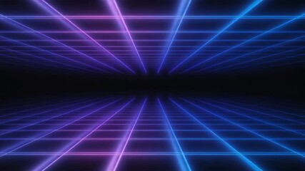 4K neon lines moving on a dark background, purple and blue light streaks forming a fast perspective tunnel, seamless motion loop - Powered by Adobe