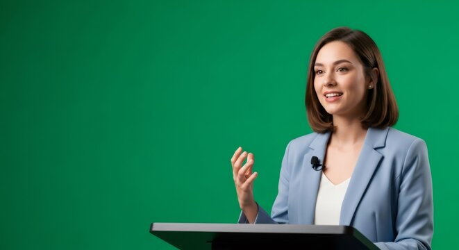Young woman with microphone giving a speech over a podium. Effect for chromakey on a green screen background. - Powered by Adobe