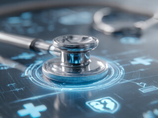 Modern medical technology concept with a stethoscope on a digital healthcare interface displaying holographic icons and futuristic data visualization elements
