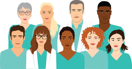 Group of medical professionals, doctors and nurses in scrubs. Faceless flat simple vector illustration.