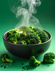 Steaming broccoli florets in a dark bowl, vibrant green background