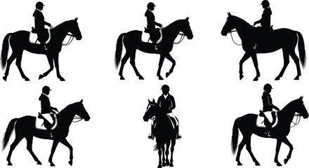 Black vector silhouettes of horses in various gallop, jumping, and dressage poses for equestrian sport illustration sets